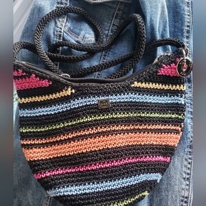 The Sak Mini Catalina Crochet Crossbody Purse Bag Black Color Stripes